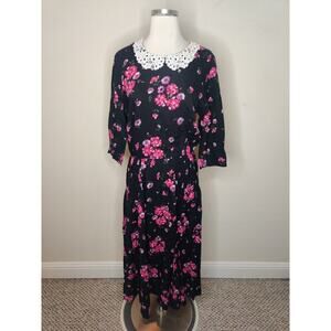 Caroline Wells Vintage Floral Maxi Dress Lace Collar Long Sleeve